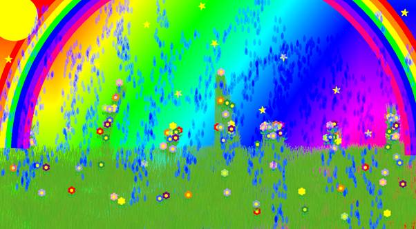 A colorful painting with a rainbow, flowers, rain, and sunshine